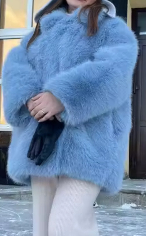 Manteau d’Hiver Mi-Long en Fausse Fourrure Épaisse – Col Tailleur, Coupe Oversize, Doublure Chaude